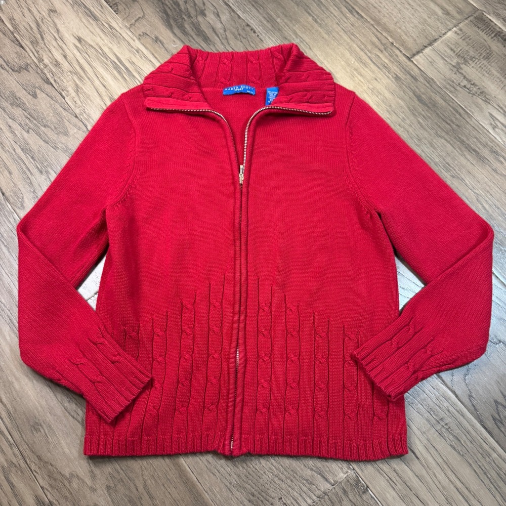 Karen‎ Scott Sport Red Petite Zip Up Cable Knit Cotton Sweater Women PS